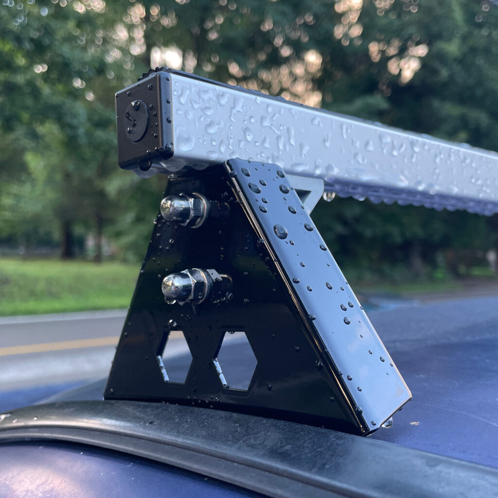 installed roof rack covered in rain